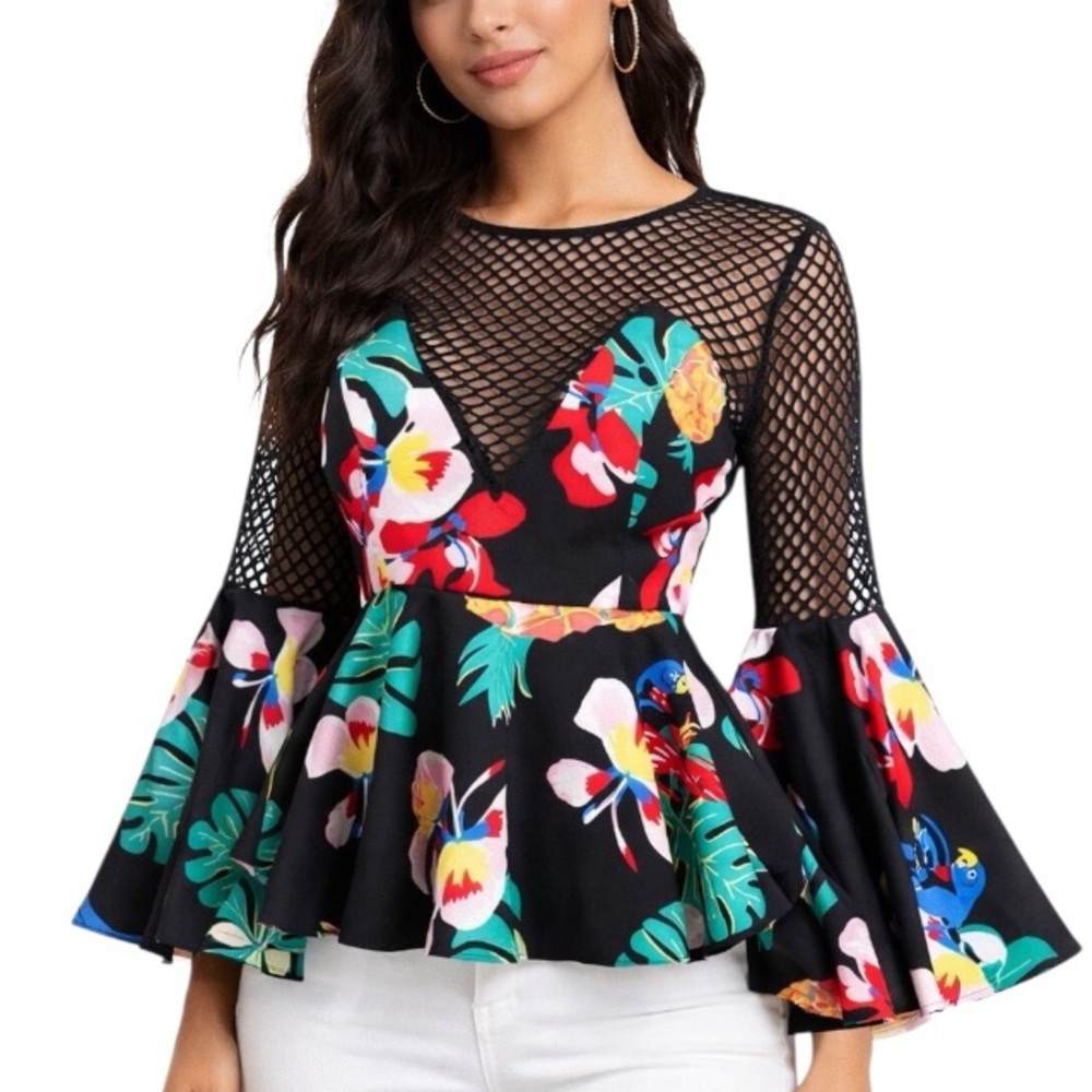 Floral Colorful Mesh Peplum Top